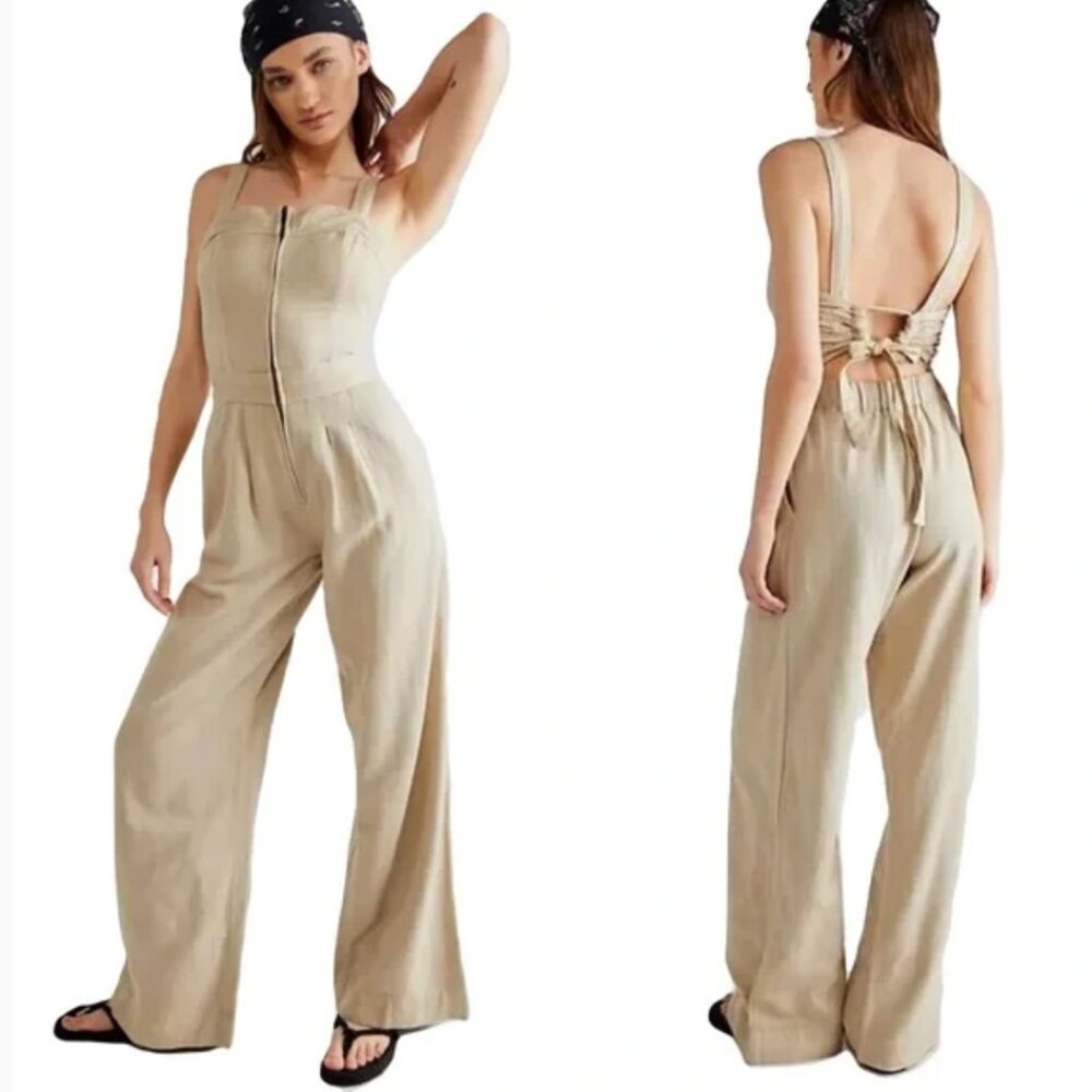 Free People Beige Wide Leg Jumpsuit with Back Lace-Up